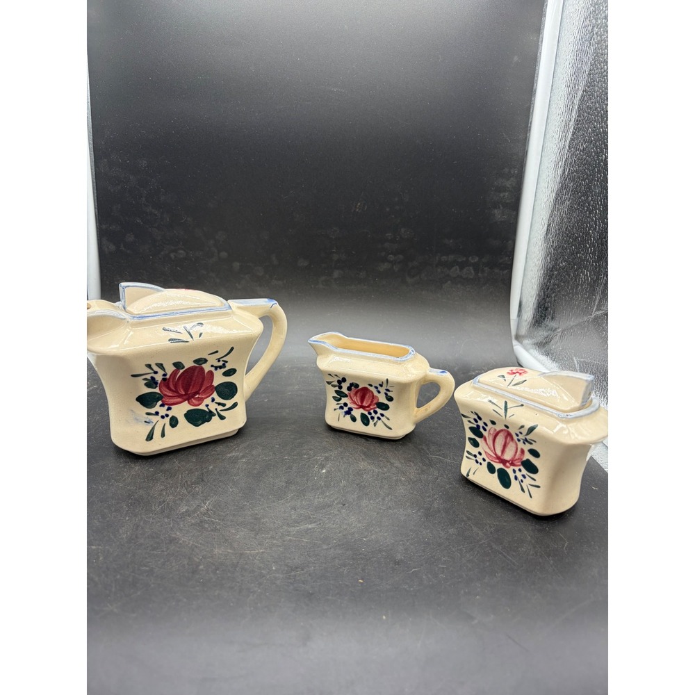Vintage Hand Painted Japan Ceramic Tea Set Rose Floral Teapot Creamer Sugar Bowl